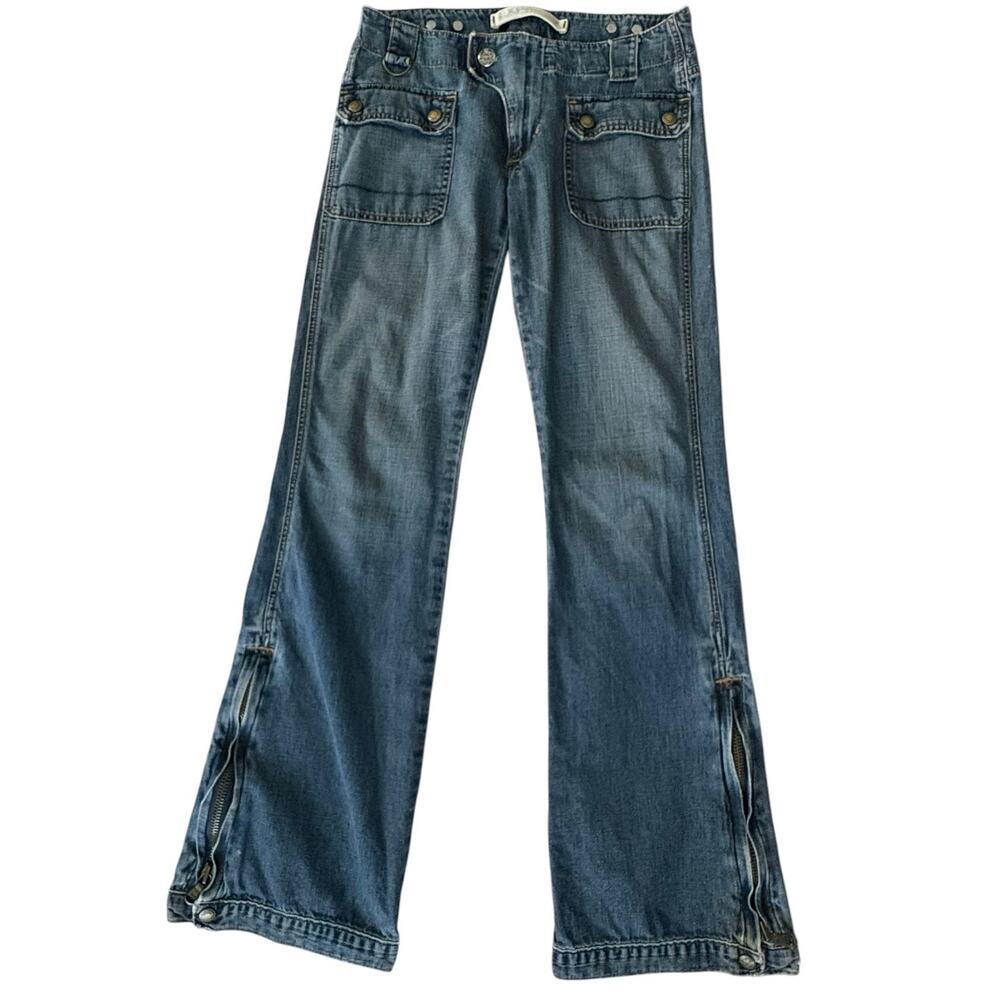 Express Vintage Y2K Low Rise Flare Jeans Zip Hem Utility Flap Pocket Boho Casual